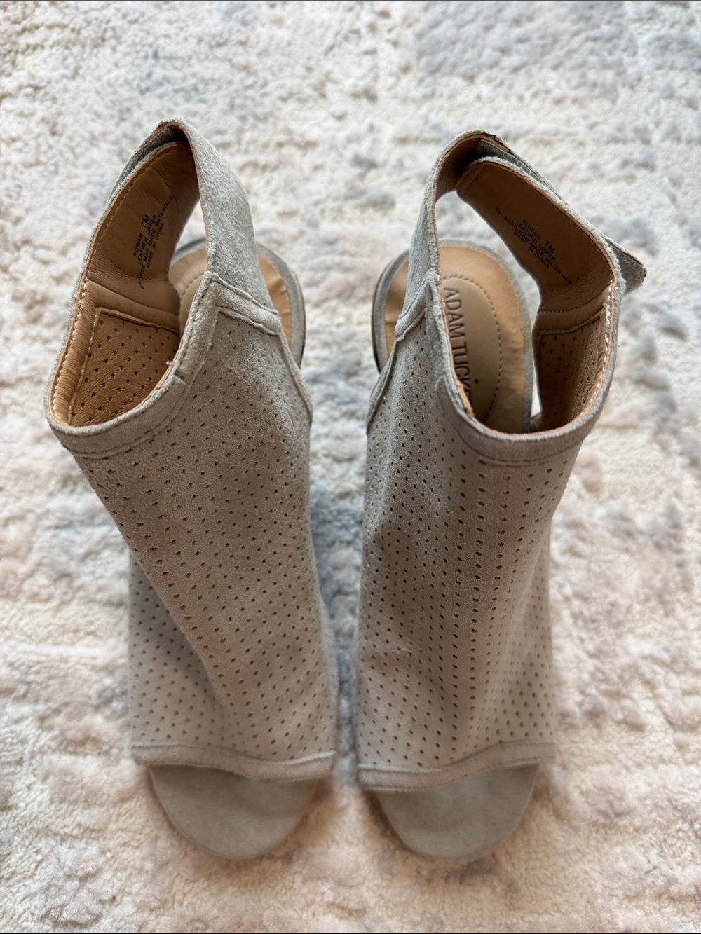 Adam Tucker Taupe Perforated Suede Open-Toe Slingback Mules